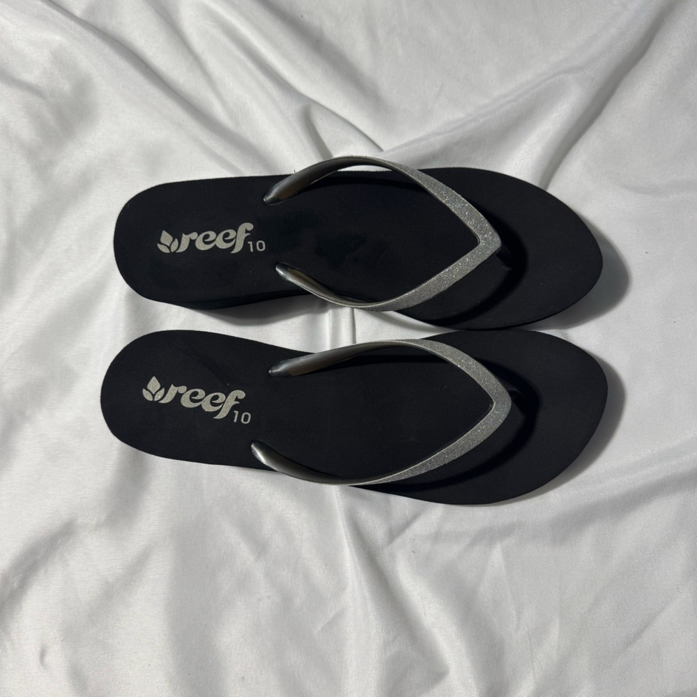 Reef Krystal Star Wedge Sandals Black w/ Silver Sparkle Strap Women’s Size 10
